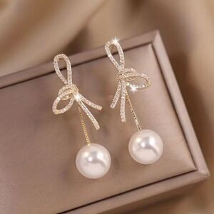 Pearl Diamond Bow Drop Earrings
